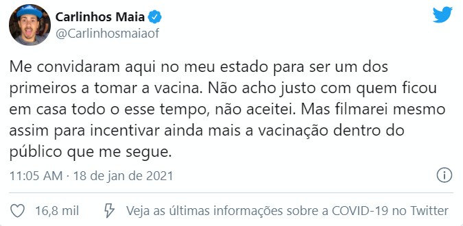 Carlinhos Maia disse que foi convidado para tomar vacina para a Covid-19 (Foto: Reprodução/Twitter)