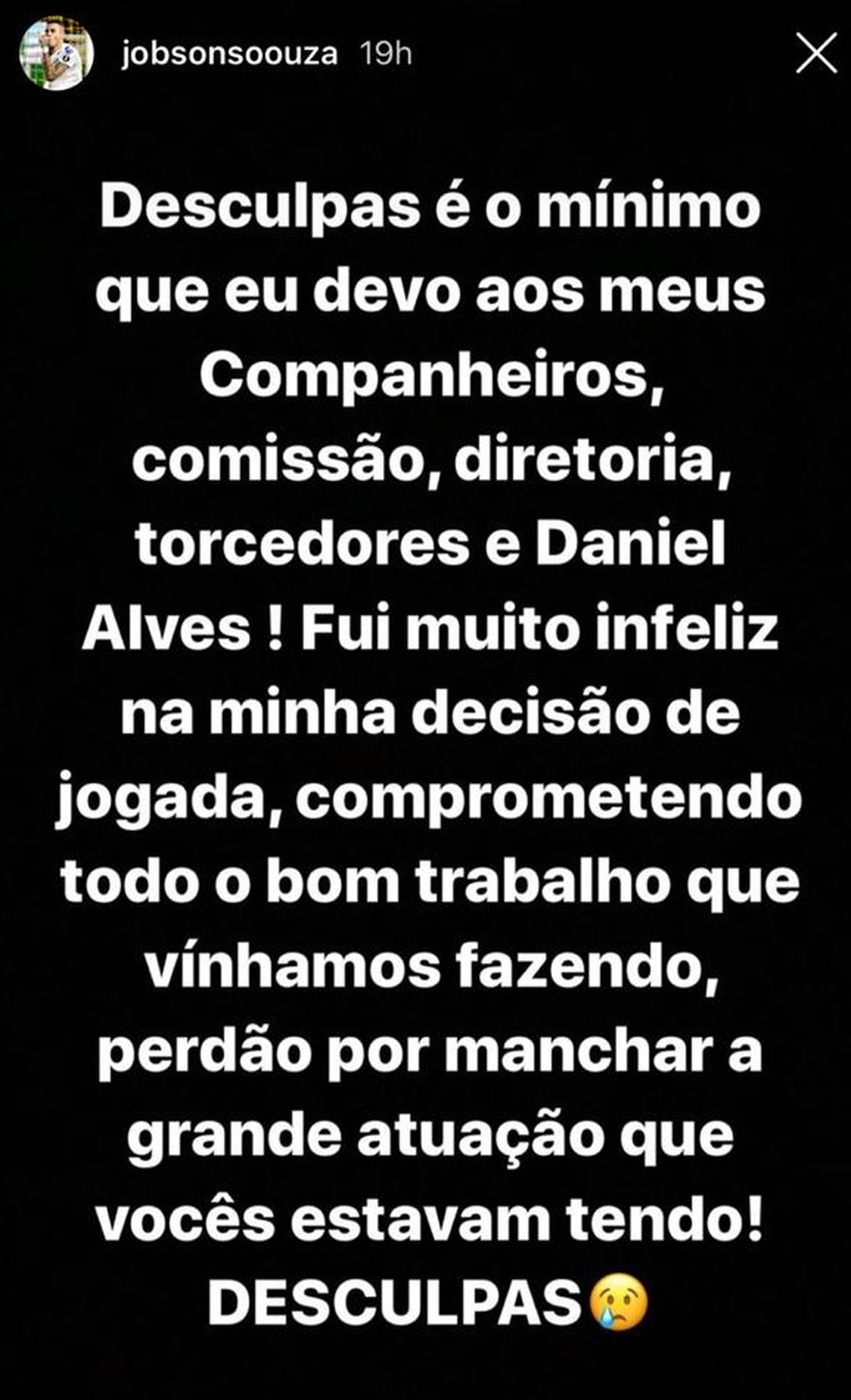 Jobson, do Santos, pede desculpas por expulsão e entrada em Daniel Alves e  — Foto: Reprodução Instagram