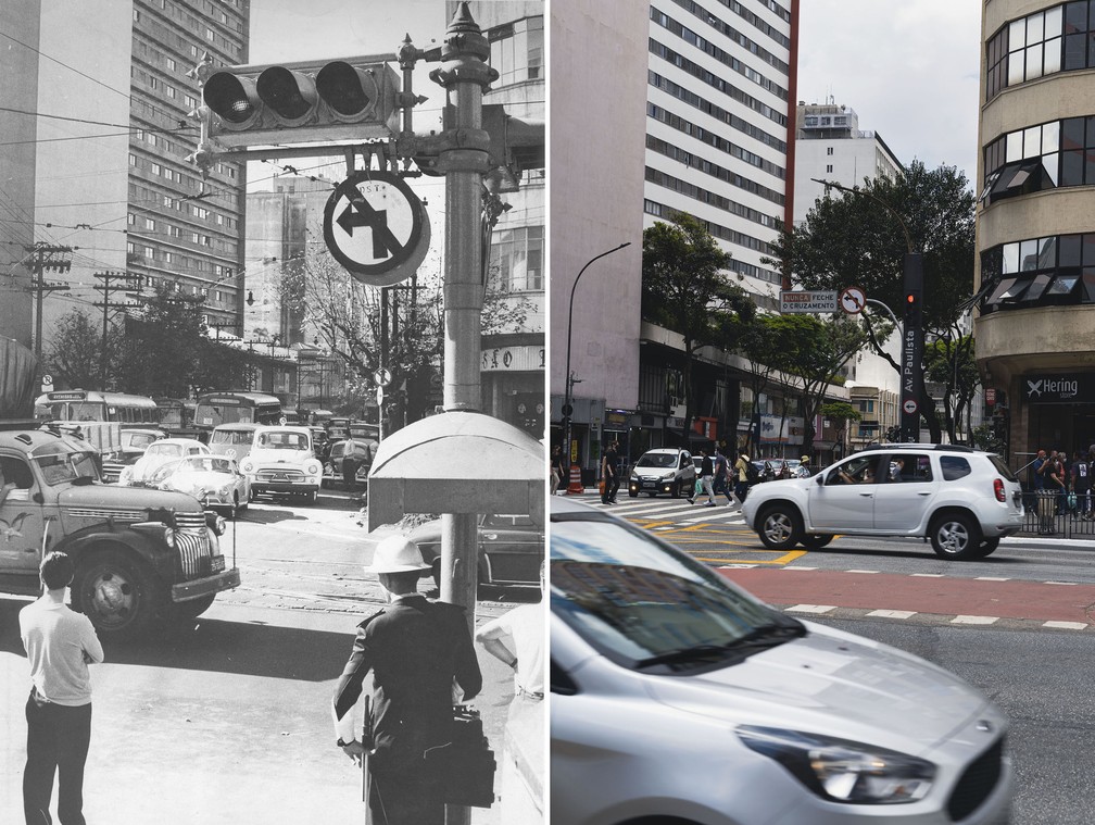 Antes e depois mostra o cruzamento das avenidas Paulista e Brigadeiro Luis Antonio, em São Paulo, em 1966 e em 2021  — Foto: Ywane Yamazaki/Estadão Conteúdo/Arquivo; Marcelo Brandt/g1