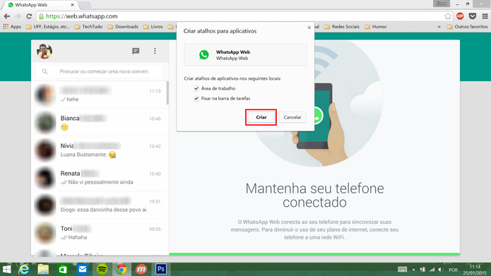 WhatsApp Web pode ser fixado na barra de tarefas do Windows ou na área de trabalho (Foto: Divulgação/Elson de Souza)