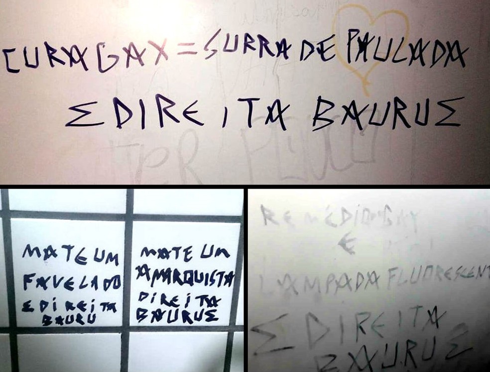 Na montagem, as trÃªs mensagens escritas no banheiro masculino prÃ³ximo Ã  gourmeteria do pÃ¡tio central da USC de Bauru (Foto: Arquivo pessoal)