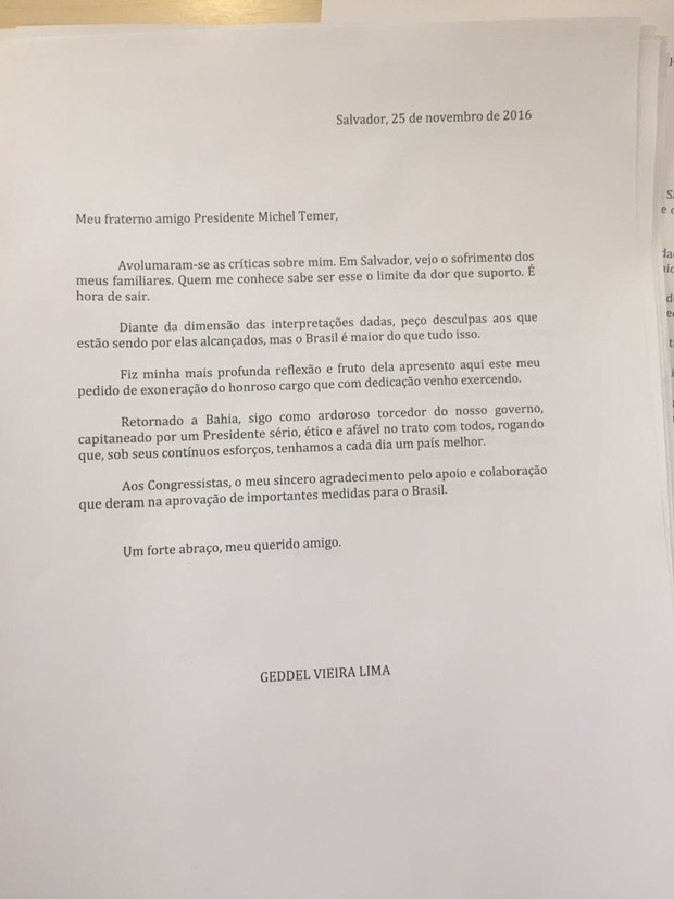 Carta de demissão de Geddel Vieira Lima ao presidente Michel Temer (Foto: Reprodução)