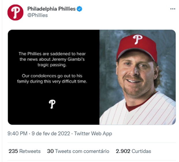 Time de beisebol Philadelphia Phillies lamenta morte do ex-jogador Jeremy Giambi (Foto: Reprodução/Twitter)