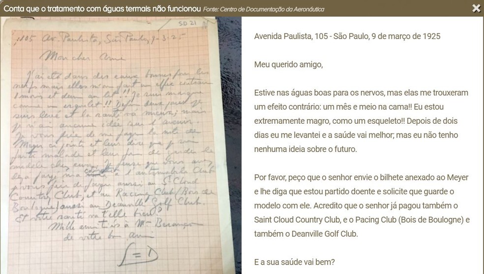 Santos Dumont revela em carta detalhes da saúde debilitada; documento está traduzido em especial do G1 (Foto: Centro de Documentação da Aeronáutica)