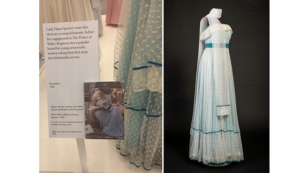 A Regamus dress worn by Diana as a debutante for a ball at her family home, Althorp House, in 1979 (see photograph, left). Currently on display at the Kensington Palace exhibition, Diana: Her Fashion Story (Foto: @SUZYMENKESVOGUE , LEFT AND HISTORIC ROYAL PALACES, RIGHT.)