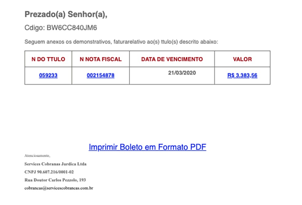 E-mails com cobranças falsas também são usados na propagação do Astaroth. — Foto:  Reprodução/Cisco Talos