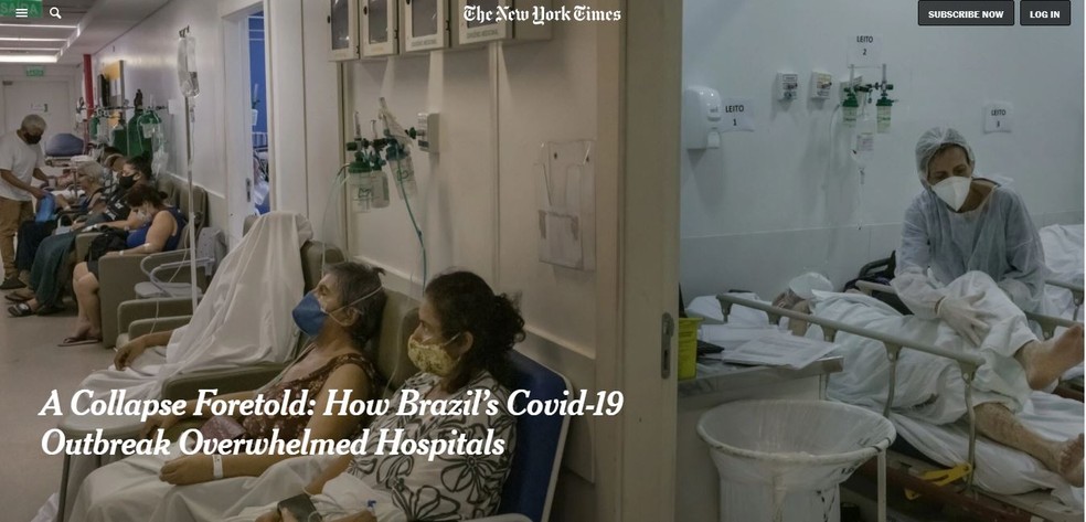 Reportagem do 'The New York Times' (EUA) sobre a piora da pandemia no Brasil: 'Colapso anunciado' — Foto: Reprodução/'The New York Times', foto de Mauricio Lima
