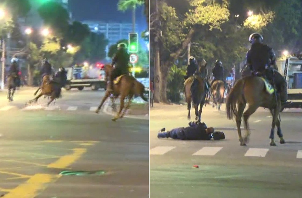 PM caiu do cavalo no entorno do Maracanã e precisou ser socorrido (Foto: Robson Coutinho/Reprodução/GloboNews)