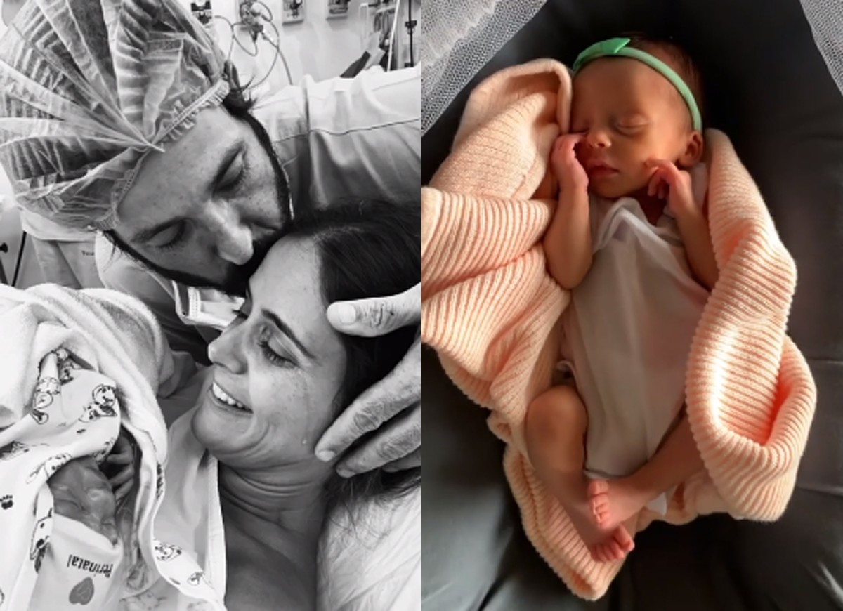 Morena, filha de Samantha Santos e Roger Gobeth, no nascimento prematuro e na alta hospitalar (Foto: Reprodução/Instagram)