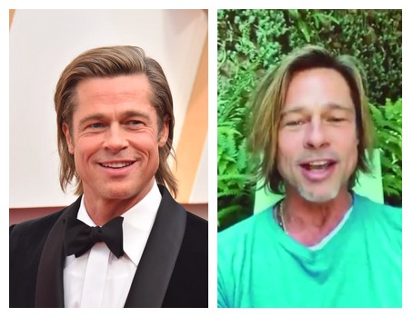 O ator Brad Pitt descabelado e com a barba por fazer em sua quarentena, sem o mesmo glamour de sua ida ao Oscar no início de 2020 (Foto: Getty Images/Twitter)