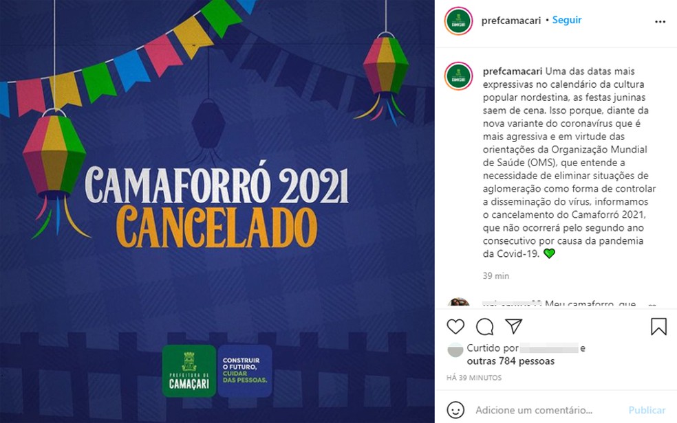 Prefeitura de Camaçari anunciou cancelamento a festa de São João da cidade — Foto: Reprodução/Redes sociais