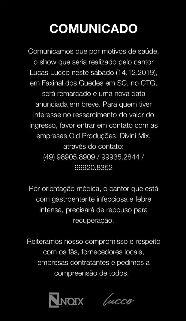 Comunicado de cancelamento de show de Lucas Lucco (Foto: Reprodução/Instagram)