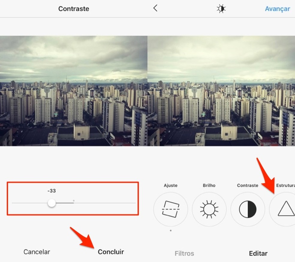 Ação para definir o contraste de uma imagem editada com a ferramenta de edição do Instagram (Foto: Reprodução/Marvin Costa)