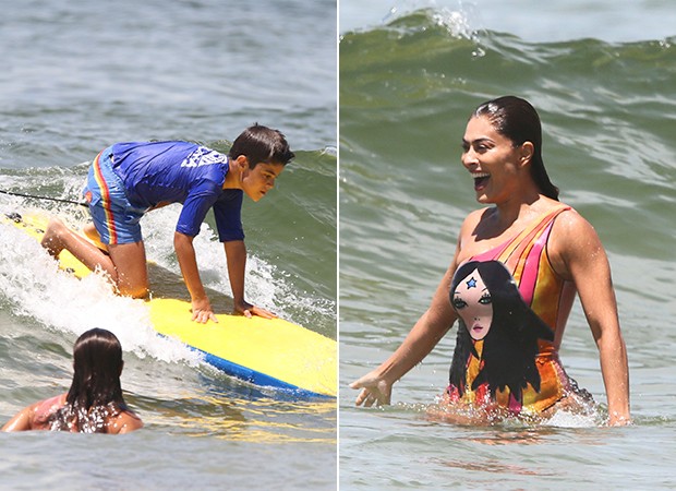Juliana Paes e o filho em aula de Surf (Foto: Dilson Silva/ AgNews)