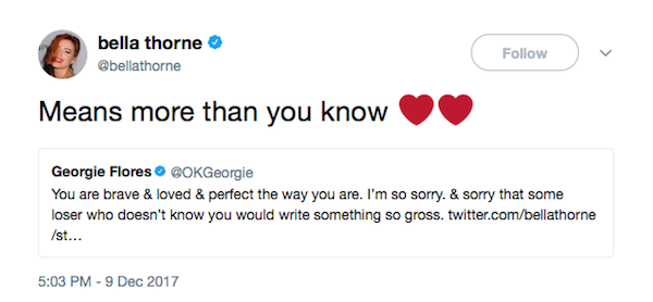 A atriz Bella Thorne agradecendo o apoio de um fã (Foto: Twitter)