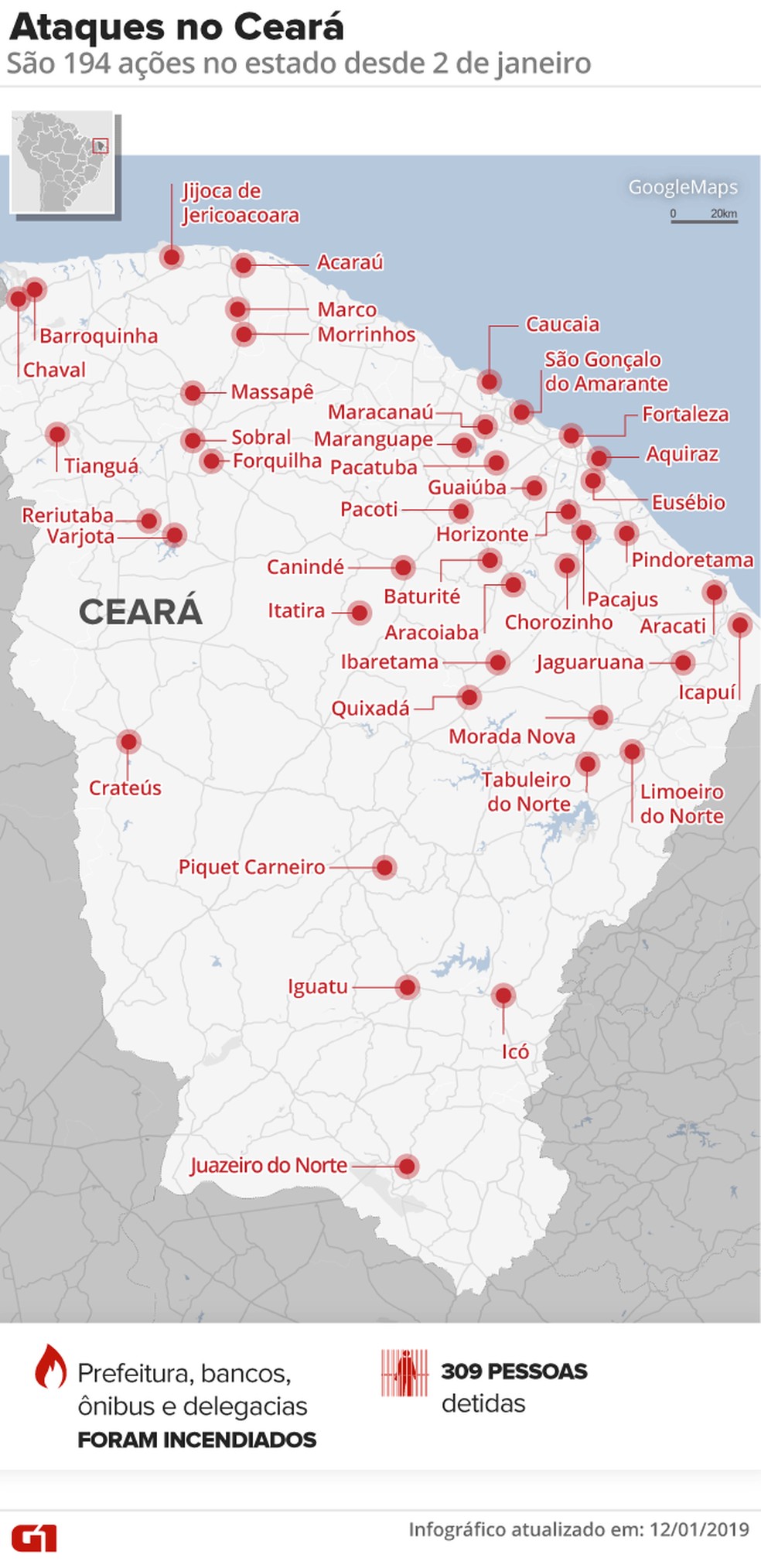 Desde o dia 2 de janeiro, foram registradas 194 ações criminosas em 43 municípios — Foto: Arte G1