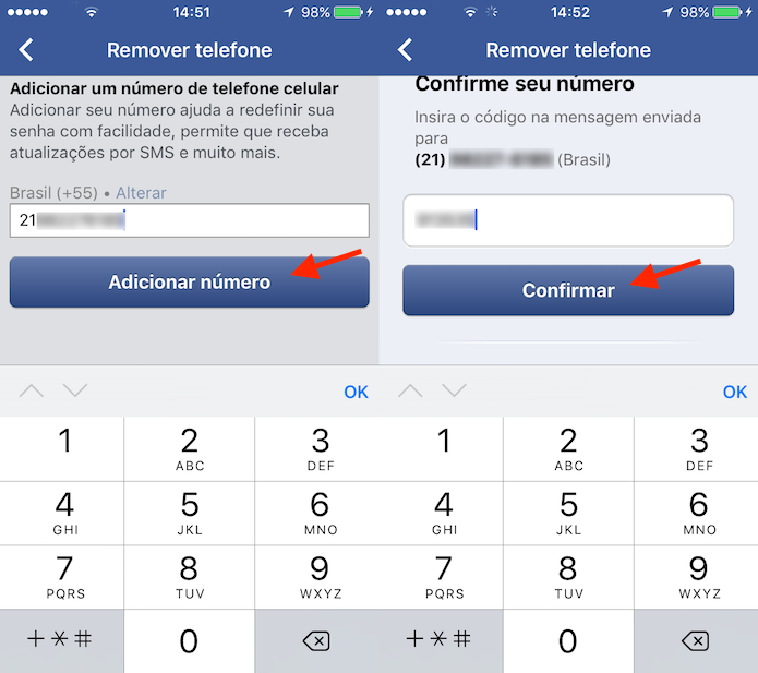 Opção para adicionar um novo número de telefone em uma conta do Facebook pelo celular (Foto: Reprodução/Marvin Costa)