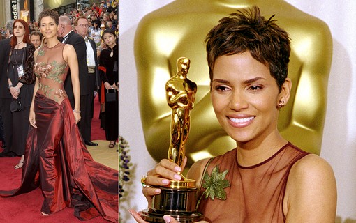 Halle Berry apostou em um look com muitas transparências. Na 74ª cerimônia, que aconteceu em 2002, a atriz usou um vestido do estilista Elie Saab.
