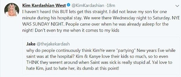 O texto no qual Kim Kardashian expôs sua revolta em relação aos boatos de que teria abandonado o filho no hospital (Foto: Twitter)