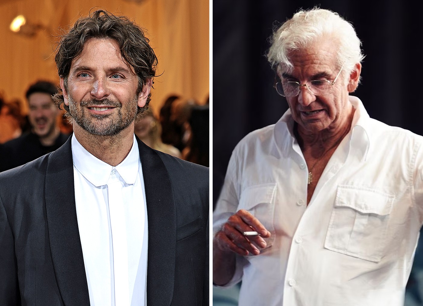 Bradley Cooper, e Bradley Cooper como Leonard Bernstein, em 'Maestro' — Foto: Getty Images e Reprodução