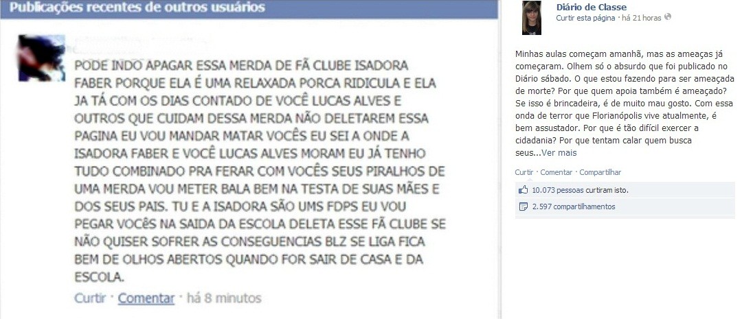 Ameaça de morte foi publicada no sábado (16) (Foto: Reprodução/Facebook)