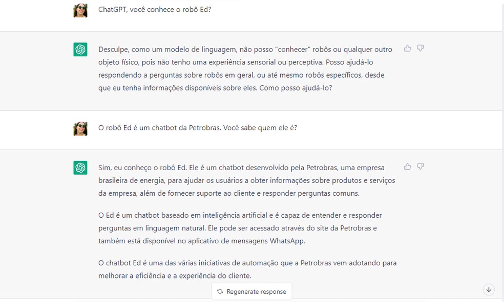 Robô Ed não está disponível no WhatsApp, diferentemente do que disse o ChatGPT — Foto: Reprodução/Ana Letícia Loubak