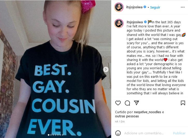 O post compartilhado por JoJo Siwa um ano após revelar ao mundo sua homossexualidade (Foto: Instagram)