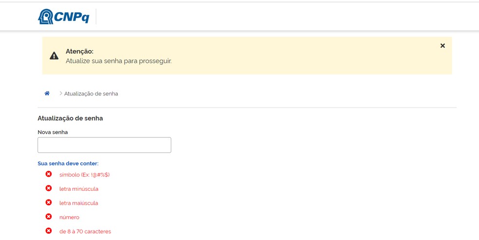 Mudança de senha no CNPq (há um erro na crase em "8 a 70 caracteres") — Foto: Reprodução