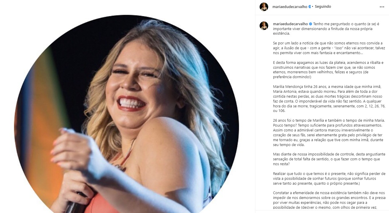 Maria Eduarda de Carvalho refletiu sobre a morte de Marília Mendonça (Foto: Reprodução/Instagram)