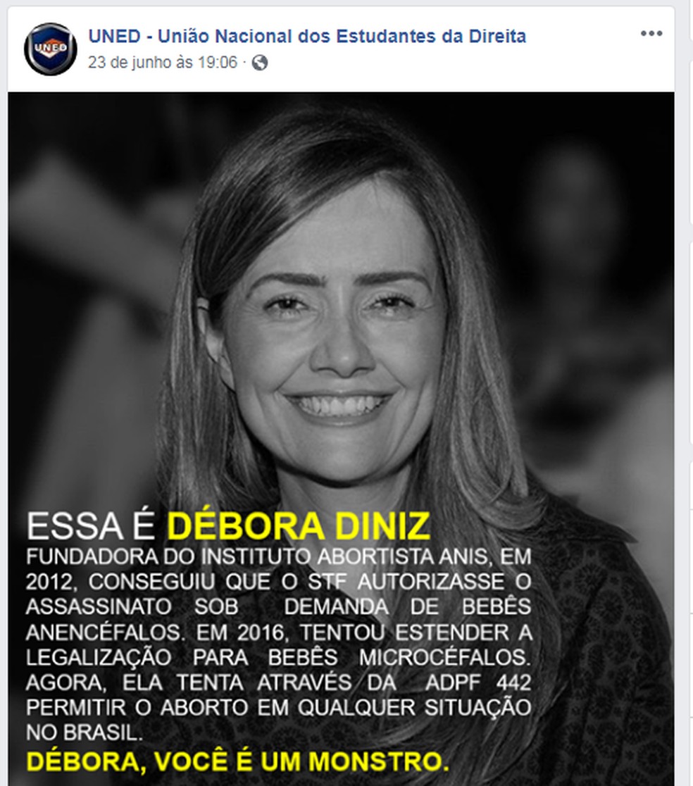 Postagem na internet chama de 'monstro' a professora Débora Diniz (Foto: Facebook/Reprodução)