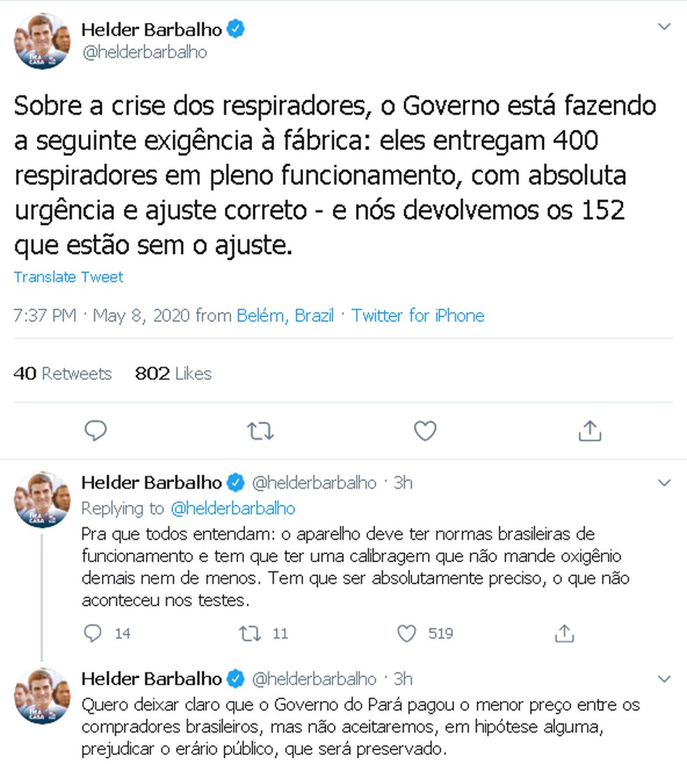 Governador do Pará informa que respiradores da China não poderiam ser utilizados. — Foto: Reprodução / Twitter