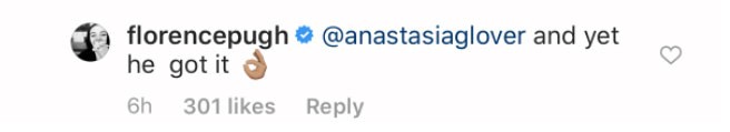 A resposta dada pela atriz Florence Pugh à seguidora que criticou seu relacionamento com o ator e diretor Zach Braff (Foto: Instagram)