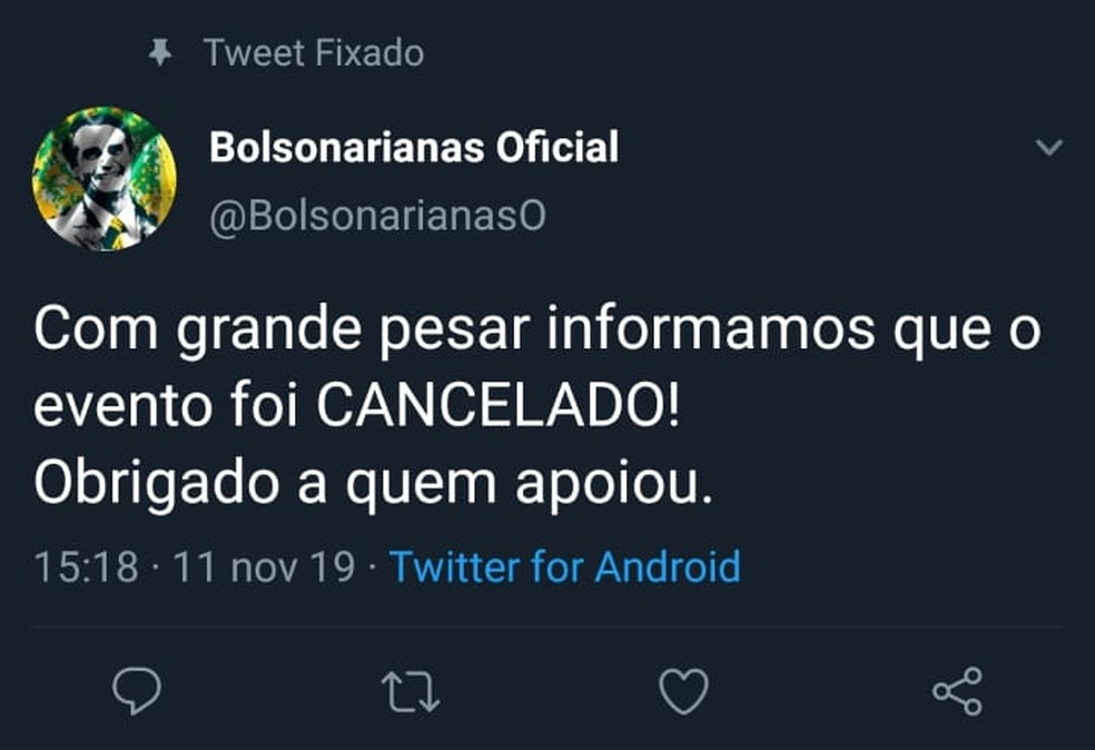 Organizadores do congresso de "bolsonarianas" anunciaram cancelamento do evento — Foto: Reprodução/Twitter