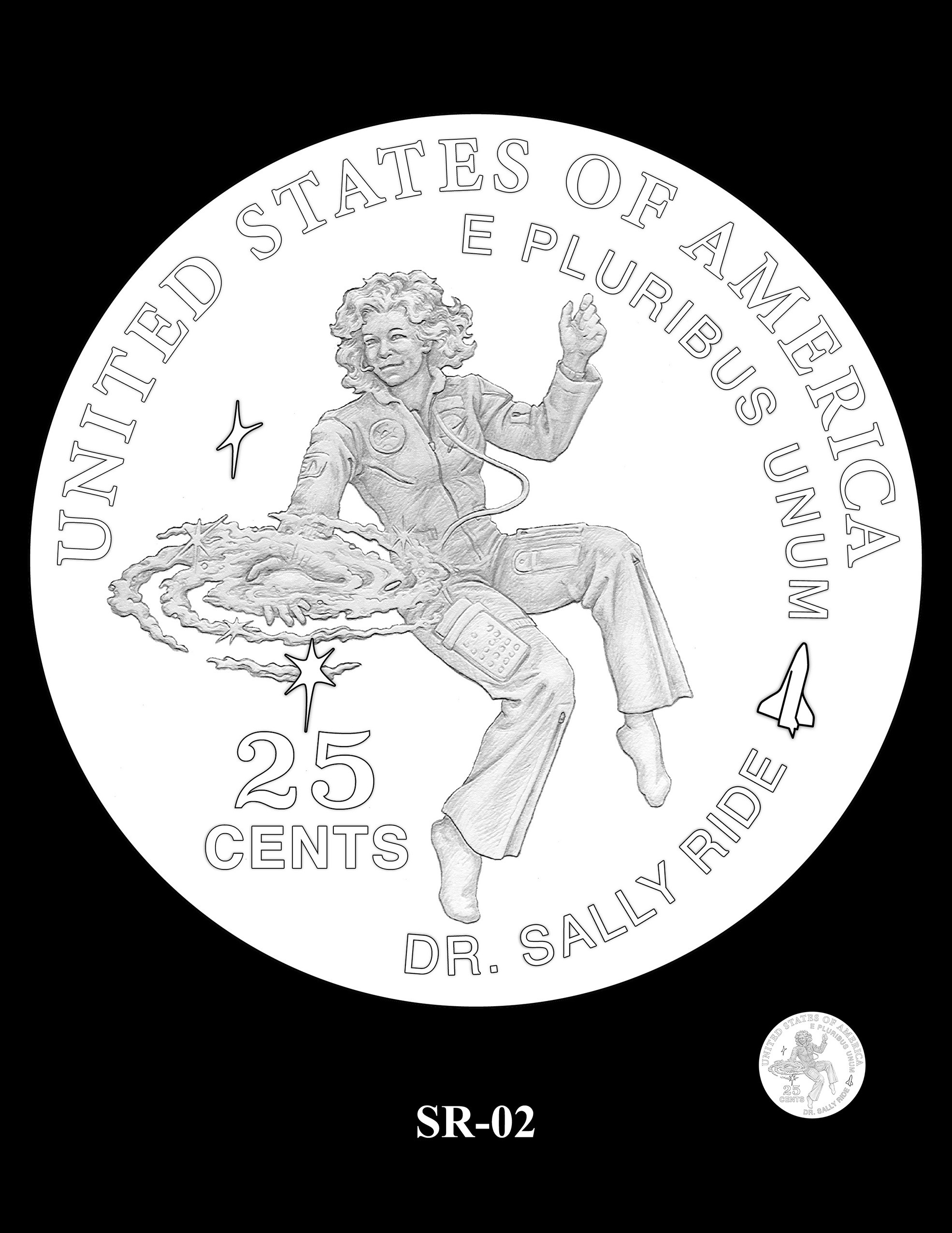 Outro design candidato a estampar a moeda da astronauta Sally Ride, a primeira norte-americana a viajar ao espaço. (Foto: U.S Mint)