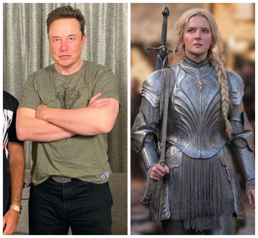 O empresário Elon Musk e a atriz Morfydd Clark como Galadriel em O Senhor dos Anéis: Os Anéis do Poder (Foto: Reprodução)