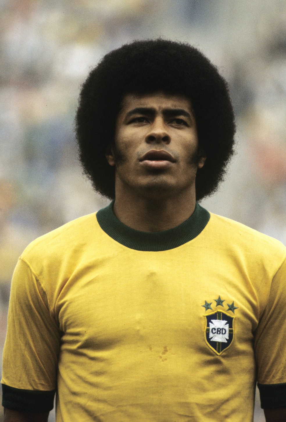Campeão do mundo em 1970, o Furacão Jairzinho com a camisa do Brasil no Mundial de 1974  — Foto: Getty Images
