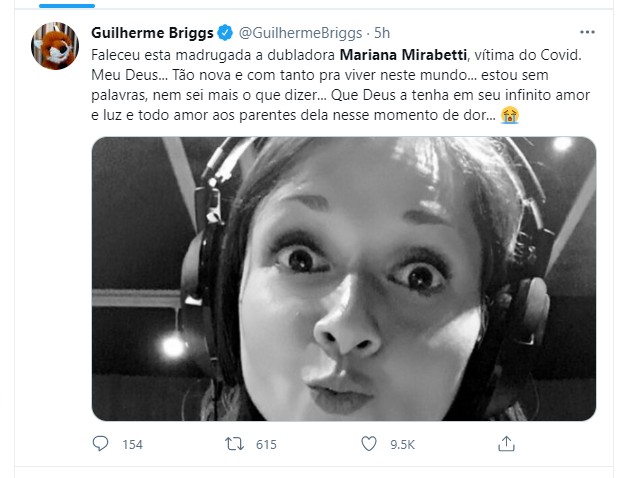 Guilherme Briggs comunica morte de Mariana Mirabetti (Foto: Reprodução Twitter )