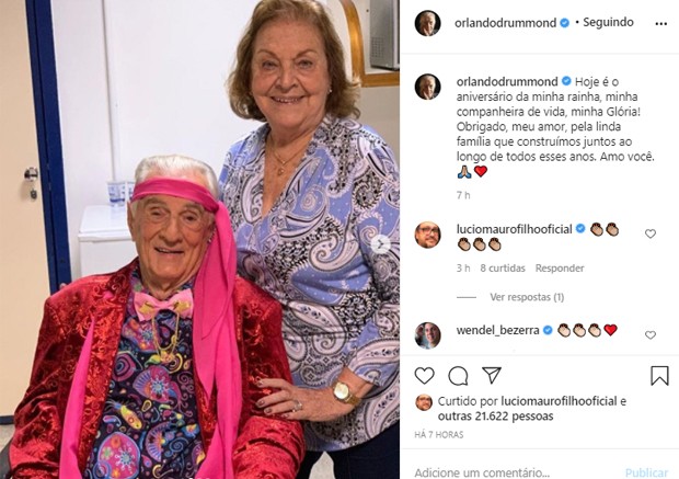Orlando Drummond parabeniza a mulher, Glória Drummond (Foto: Reprodução/Instagram)