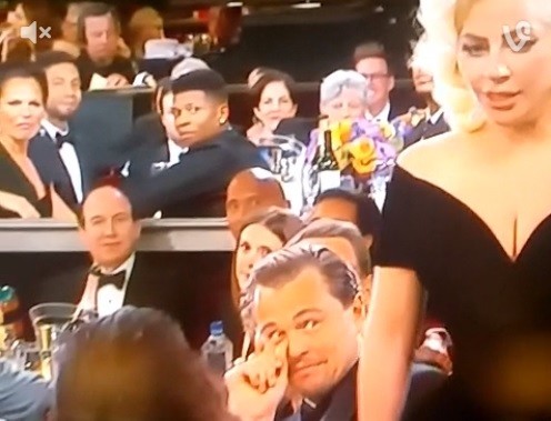 Reação de Leonardo Di Caprio com esbarrão de Lady Gaga vira meme na internet (Foto: Reprodução)