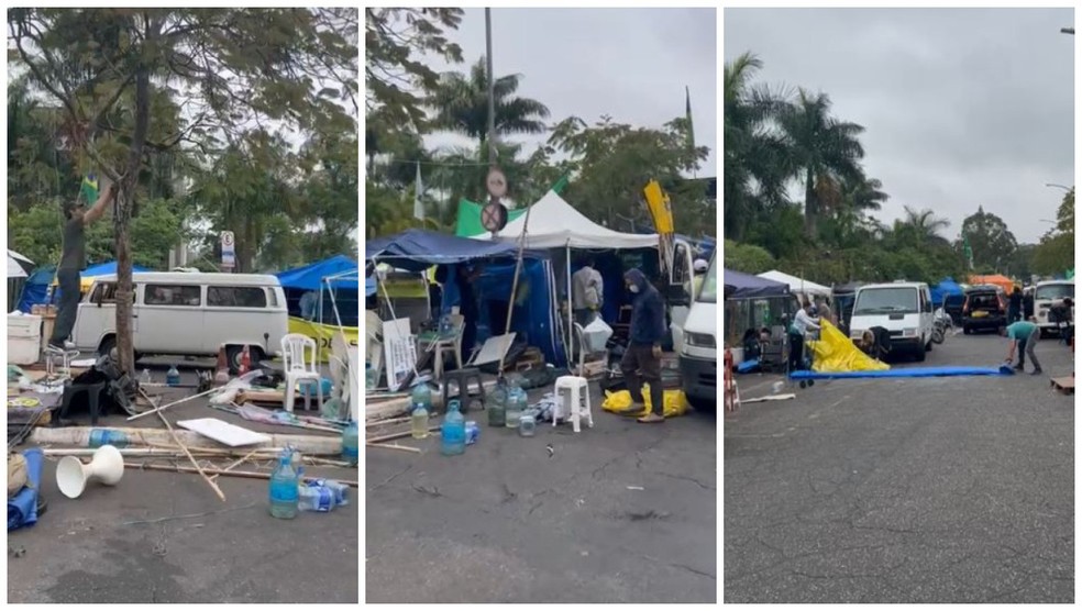 Bolsonaristas desmontando o acampamento na Zona Sul de SP nesta segunda-feira, 9 de janeiro — Foto: Arquivo Pessoal