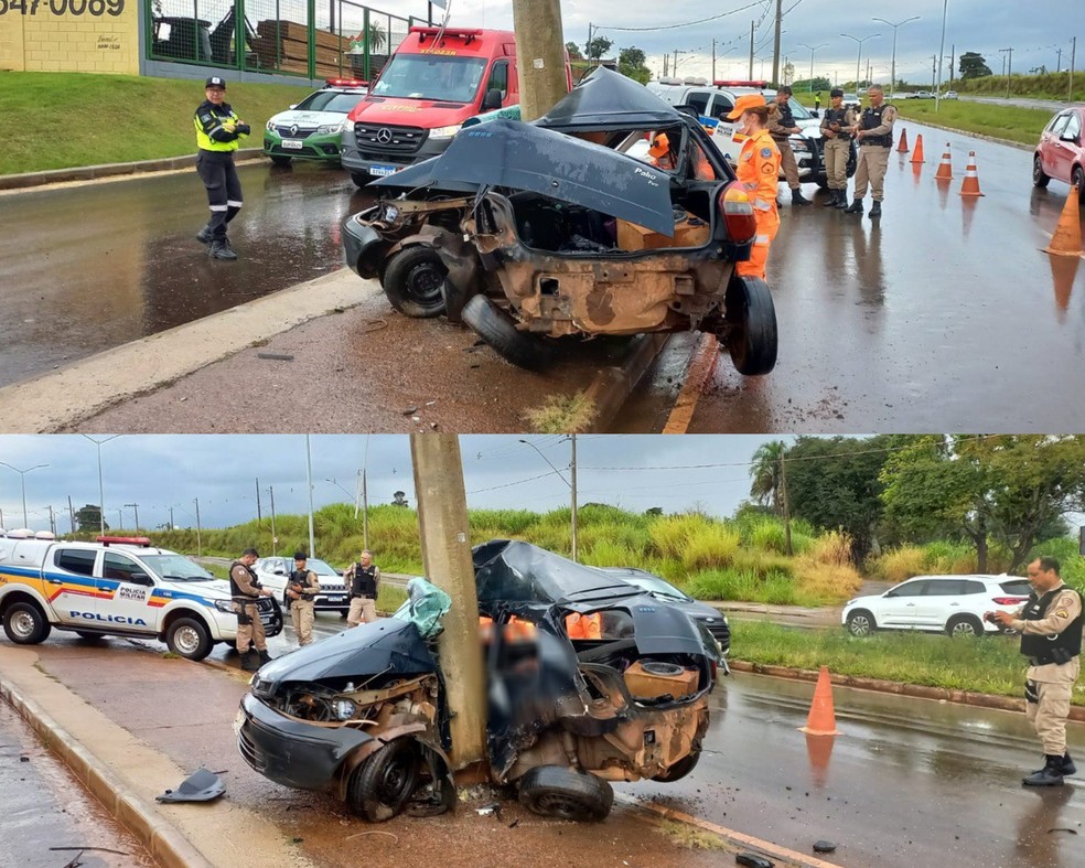 Carro 'dobra' ao meio após bater em poste e motorista morre em Araxá