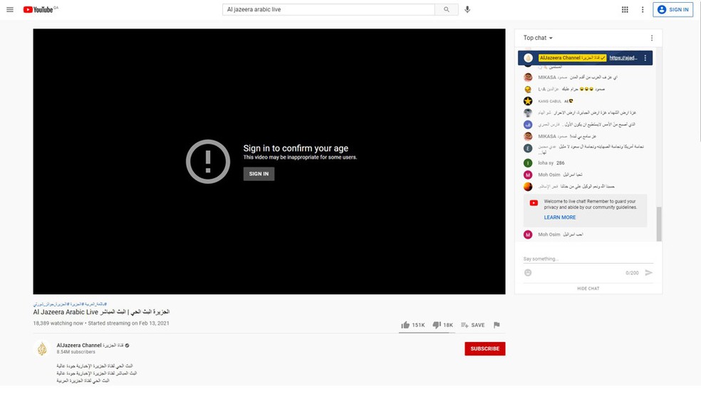 youtube colocou aviso em transmissao ao vivo de canal arabe indicando possivel conteudo inapropriado para menores diz tv tecnologia g1