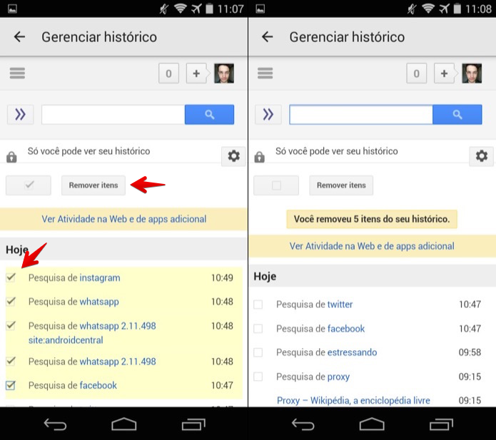 Removendo vários itens do histórico de buscas (Foto: Reprodução/Helito Bijora)
