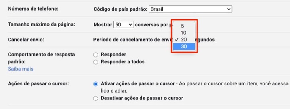 Ação para alterar o tempo de cancelamento de um e-mail enviado no Gmail — Foto: Reprodução/Marvin Costa