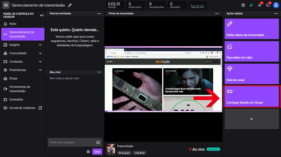 Clique em "Começar Sessão em Grupo" no painel de ações rápidas na Twitch TV — Foto: Reprodução/Leandro Eduardo