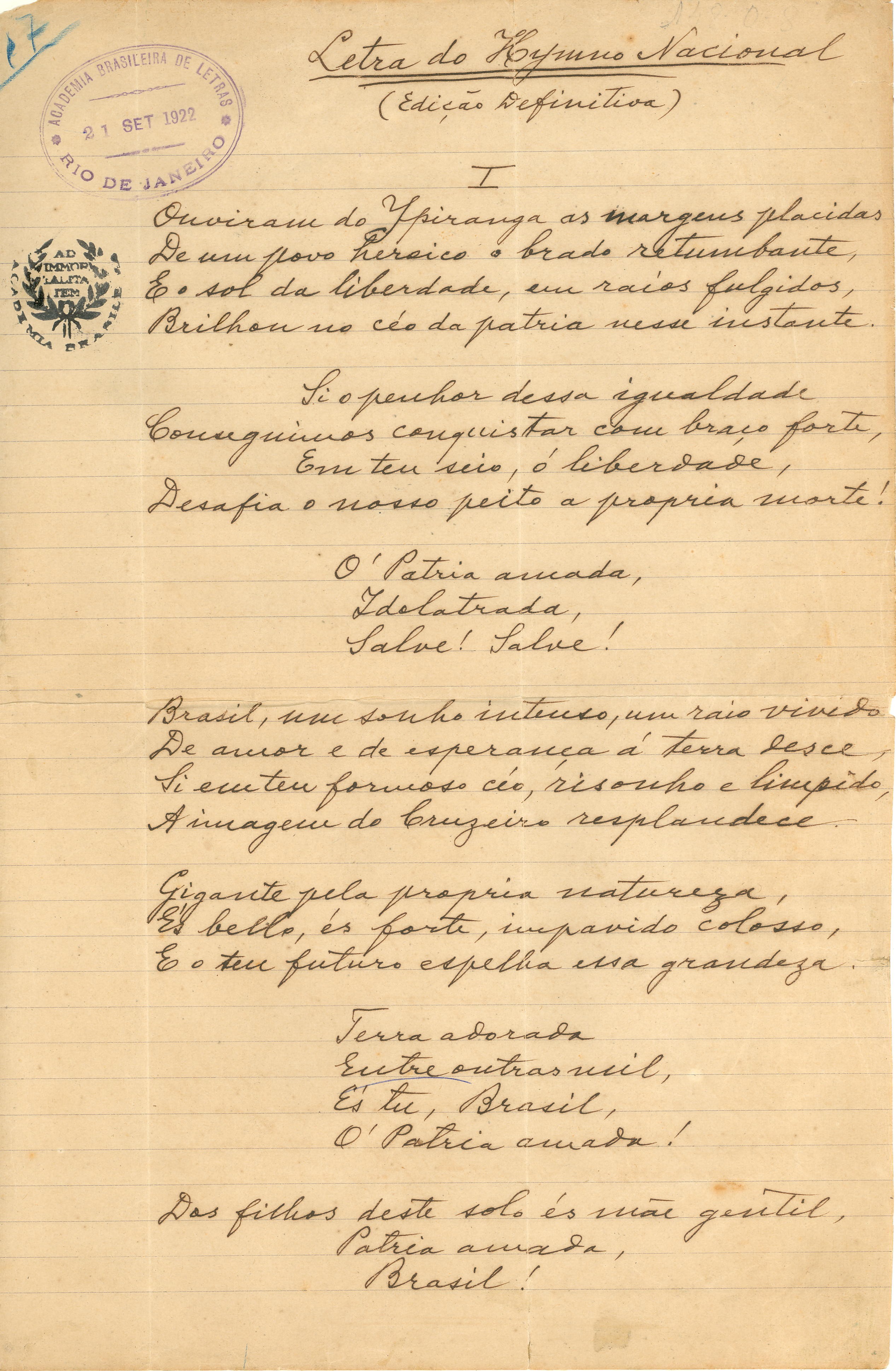 Manuscrito do Hino Nacional, escrito em 1909, está na ABL, no Rio