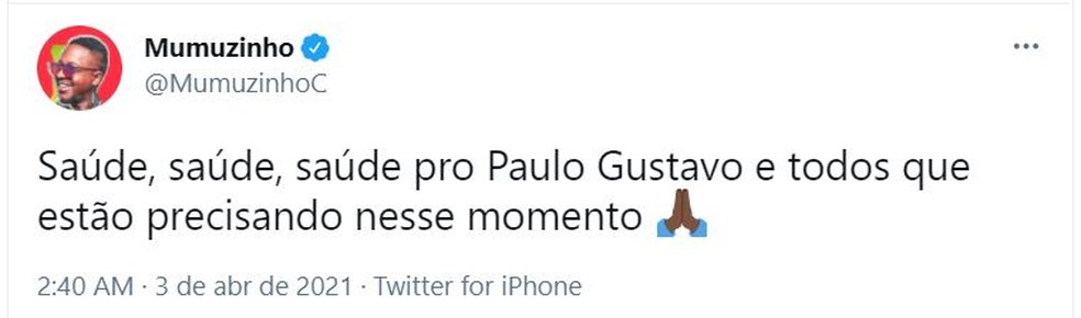 "Saúde, Saúde", diz Mumuzinho sobre Paulo Gustavo — Foto: Twitter/Reprodução