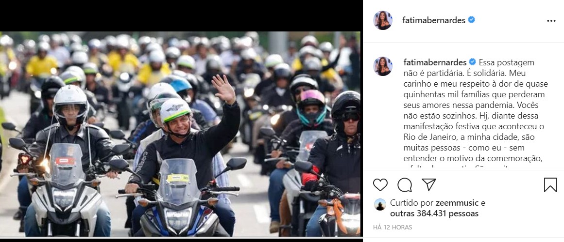 Fátima Bernardes critica passeata de moto de Bolsonaro no Rio (Foto: Reprodução/Instagram)