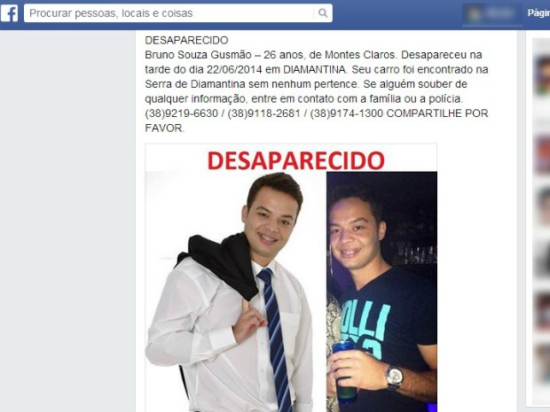 Foto do jovem desaparecido Bruno Souza é divulgada nas redes sociais. (Foto: Reprodução / Facebook)
