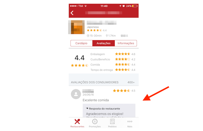 Conferindo as avaliações de clientes para um restaurante no iFood para iPhone (Foto: Reprodução/Marvin Costa)